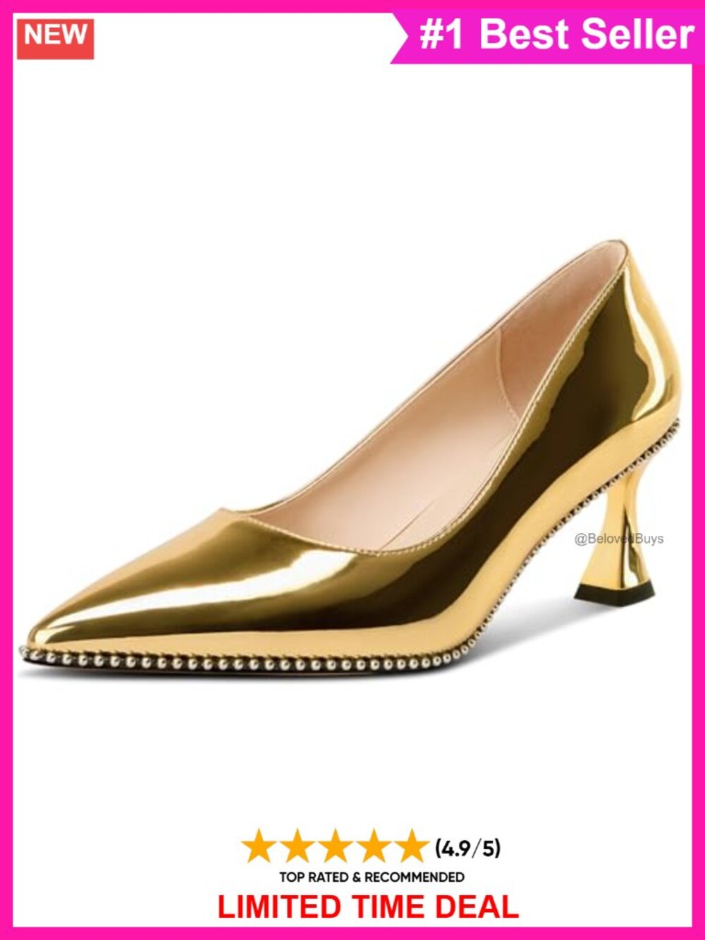 Kitten Heel Pointed Toe Pumps Slip-On Beaded Patent Leather Dress Heels